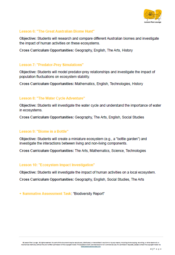 Educational lesson plan with objectives and cross-curricular opportunities on a white background