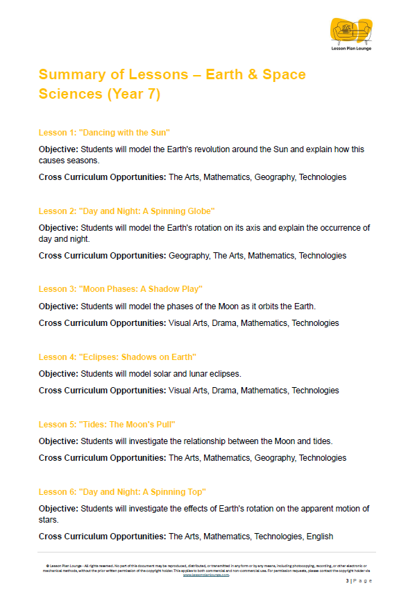 Summary of lessons for Earth & Space Sciences Year 7 with objectives and cross-curricular opportunities listed.