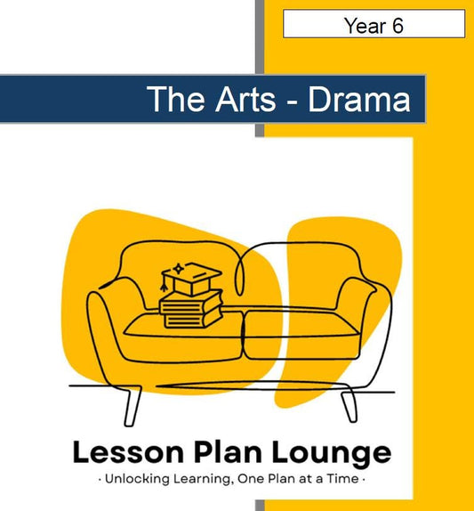 Cover of 'The Arts - Drama Lesson Plan Lounge' for Year 6 with a couch and books illustration.