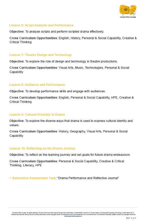 Sheet of paper with educational content on drama and performance, including objectives and cross-curricular opportunities.