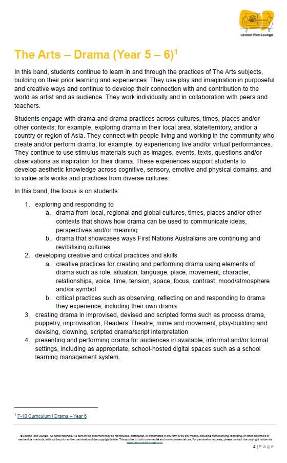 Educational document about Drama in Year 5-6 Arts curriculum