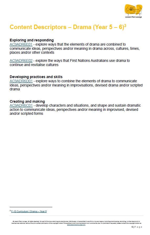 Sheet of paper with text on drama education for years 5 to 6, featuring a logo at the top right corner.
