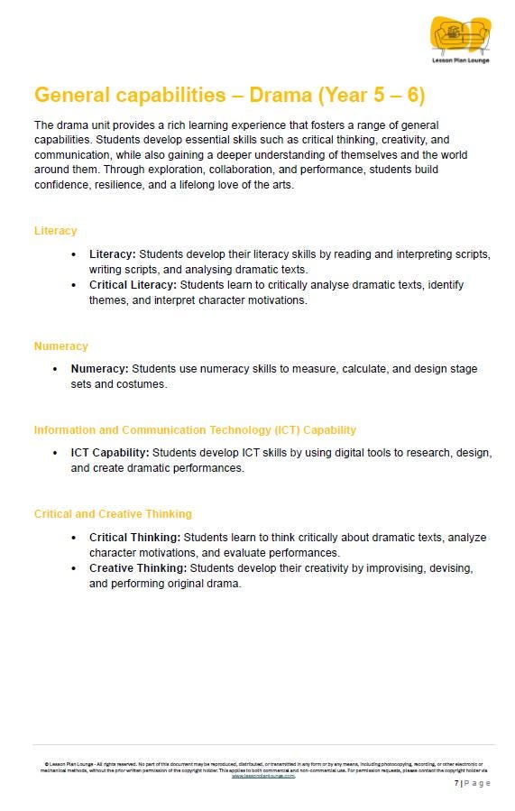Sheet of paper with text about drama education for Year 5-6 students, including literacy, numeracy, ICT, critical thinking, and creative thinking skills.
