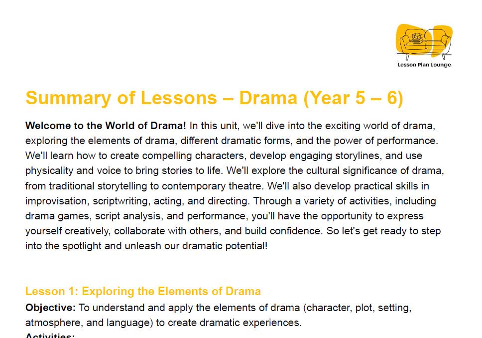 Summary of lessons on drama for Year 5-6 with a yellow logo at the top right corner.