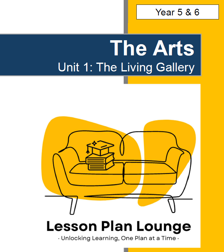 Cover of 'The Arts' lesson plan book for Year 5 & 6 with a couch illustration and Lesson Plan Lounge branding.