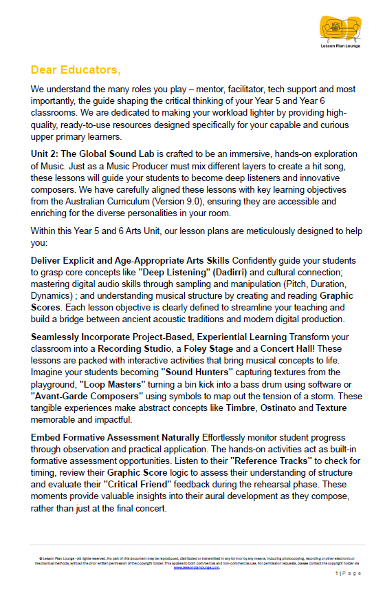 Educational document about music lessons for upper primary learners, featuring text and a logo at the top.