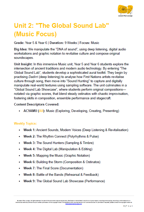 Unit 2 syllabus for Year 5 and Year 6 music class titled 'The Global Sound Lab' with a focus on music.