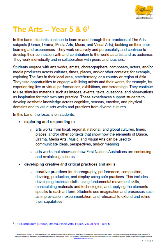 Educational document about The Arts subjects for Year 5 and 6 students, with a focus on developing creative and critical practices.