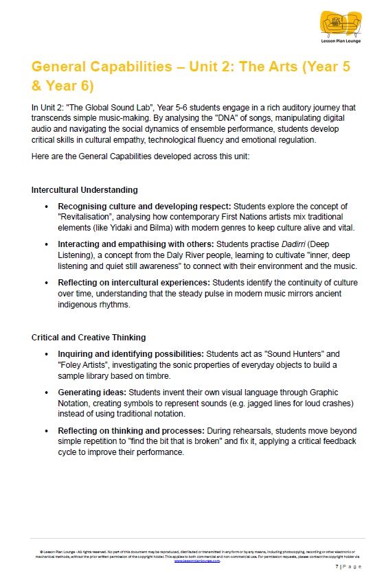 Educational document detailing General Capabilities in The Arts for Year 5 and Year 6 students.