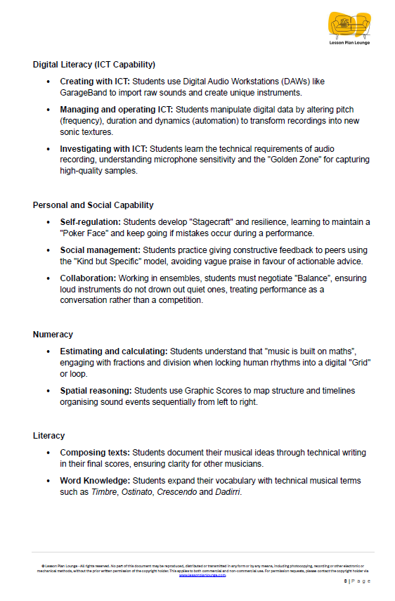 Sheet of paper with text on digital literacy and ICT capability, personal social capability, numeracy, and literacy.