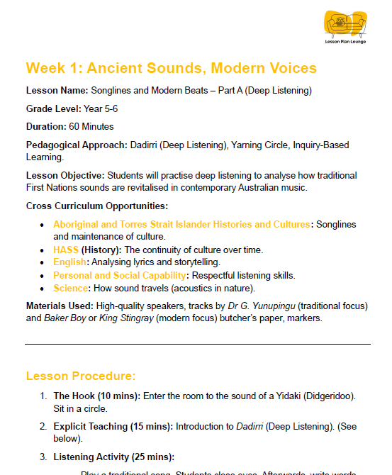 Educational lesson plan for Year 5-6 students on ancient sounds and modern voices.
