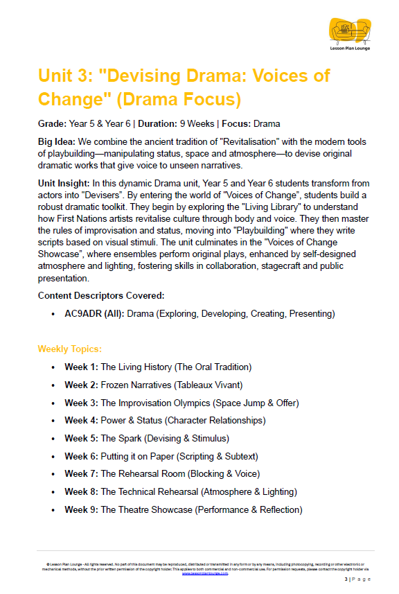 Drama education unit plan titled 'Devising Drama: Voices of Change' for Grades 5 and 6, focusing on drama.