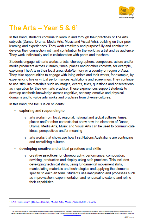 Educational document about The Arts subjects for Year 5 & 6 students, focusing on Dance, Drama, Media Arts, Music, and Visual Arts.