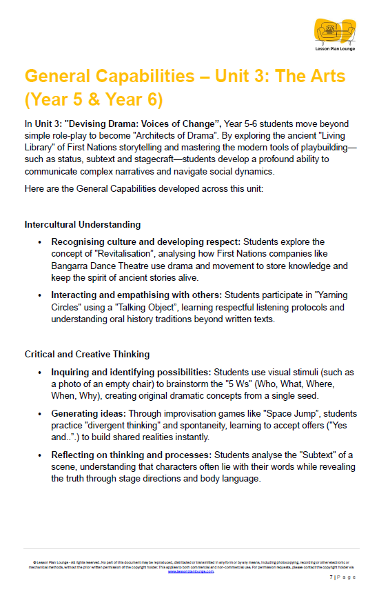 Educational document on General Capabilities - Unit 3: The Arts for Year 5 and Year 6 students.
