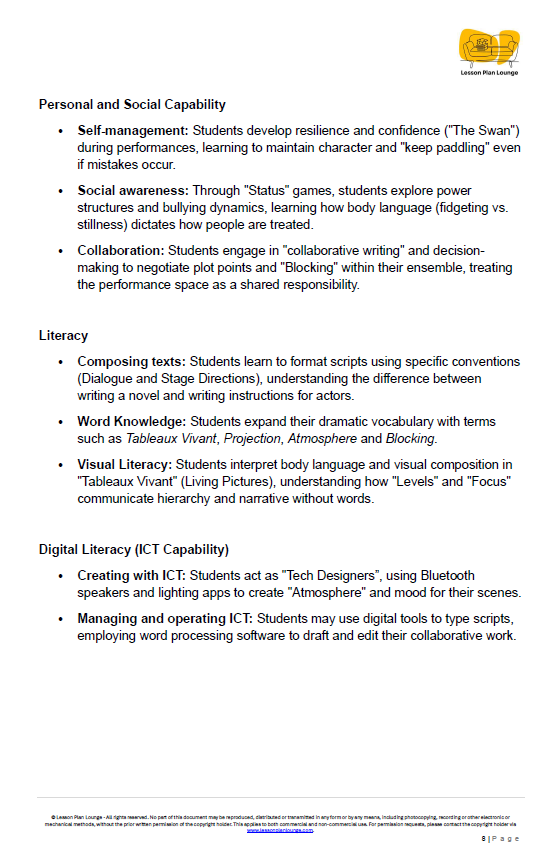 Educational document outlining personal and social capability, literacy, and digital literacy skills.
