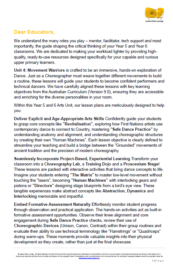 Educational document for Year 6 educators on choreography unit titled 'Movement Warriors'.