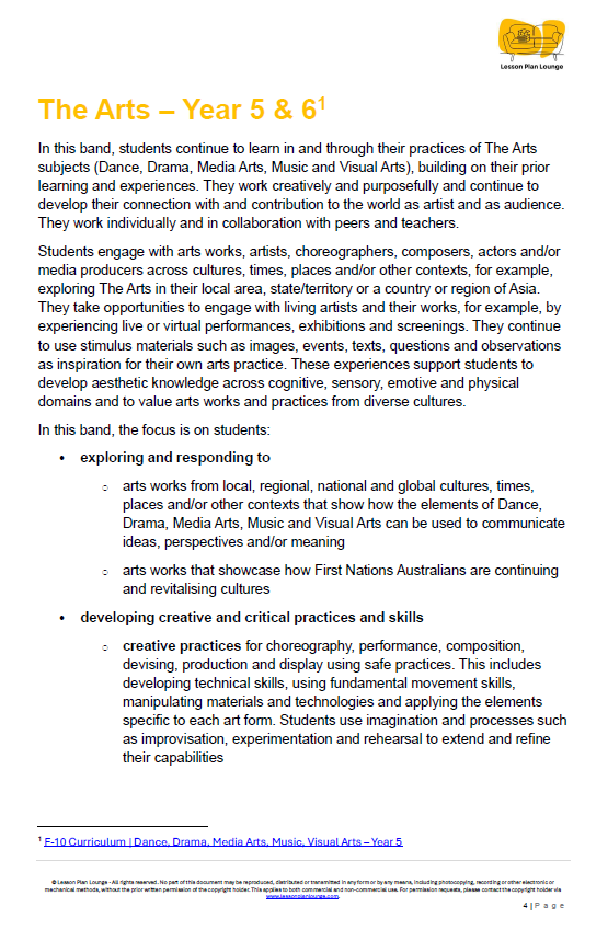 Educational document about The Arts curriculum for Year 5 & 6 students, featuring text and a logo at the top.