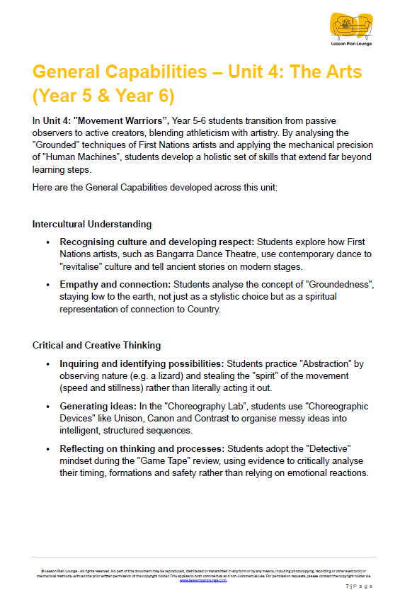 Educational document on General Capabilities Unit 4: The Arts for Year 5 and Year 6 students, focusing on movement and cultural understanding.