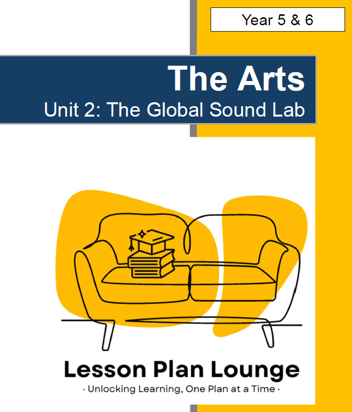 Cover of 'The Arts' lesson plan book for Year 5 & 6 with a couch and books illustration.