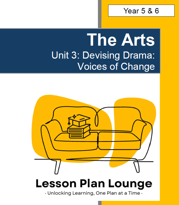 Cover of 'The Arts' lesson plan book for Year 5 & 6, focusing on devising drama with a yellow couch illustration.