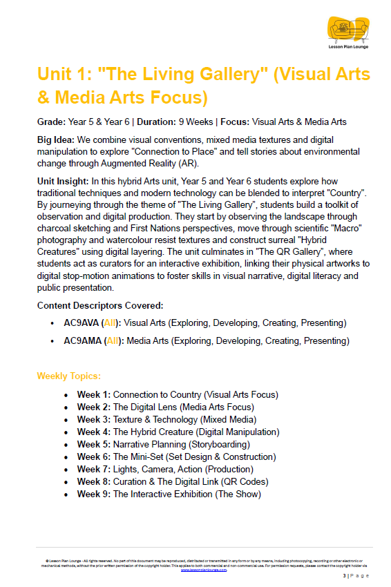 Educational unit plan for Visual Arts & Media Arts focusing on 'The Living Gallery' with detailed weekly topics and objectives.