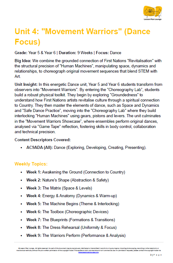 Educational unit on dance titled 'Movement Warriors' with detailed content and structure.