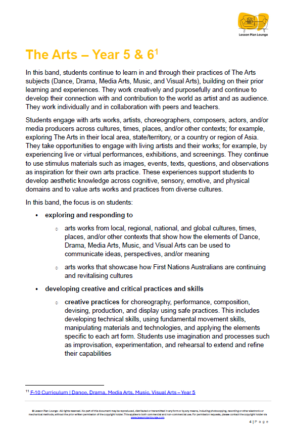 Educational document about The Arts subjects for Year 5 & 6 students, featuring text and a logo at the top.