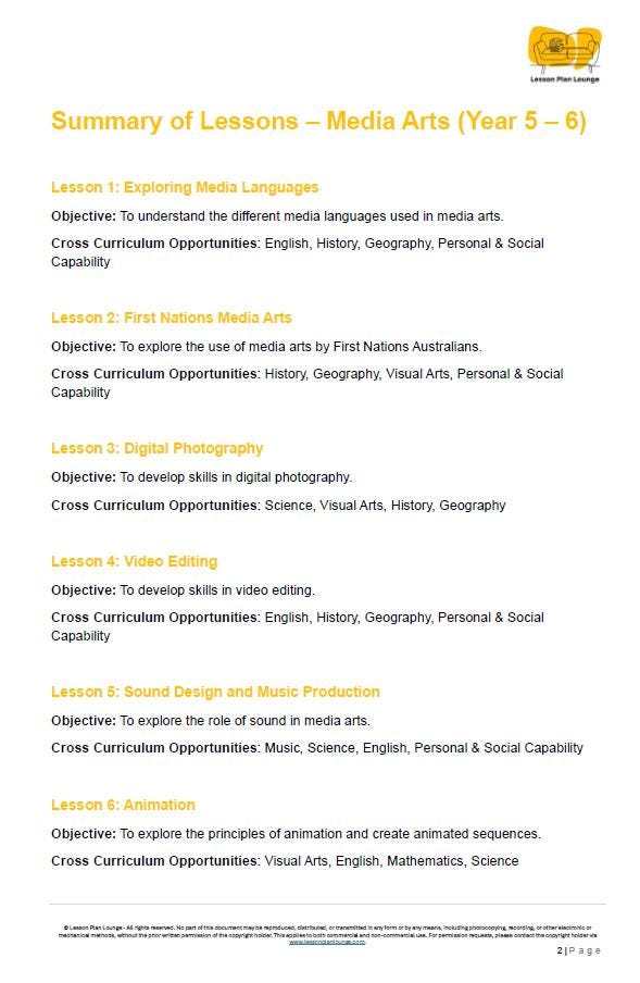 Summary of lessons for Media Arts Year 5-6 with objectives and cross-curricular opportunities listed.
