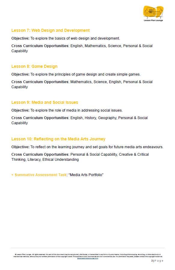 Sheet of paper with text on web design, game design, media and social issues, and reflection on the media arts journey.