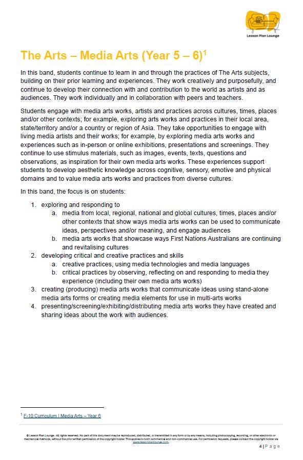 Educational document about Media Arts for Year 5-6 students, focusing on media arts works and practices.