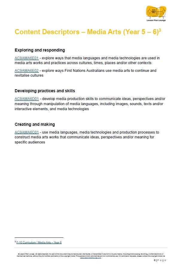 Sheet of paper with text on media arts content descriptors for Year 5-6 students, featuring a logo at the top right corner.