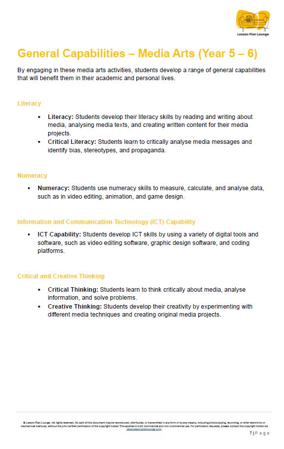 Sheet of paper with text on general capabilities for media arts in Year 5-6, featuring a logo in the corner.