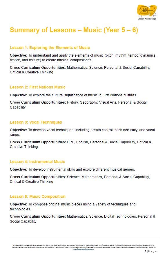 Summary of lessons for music education in Year 5-6 with objectives and cross-curricular opportunities listed.
