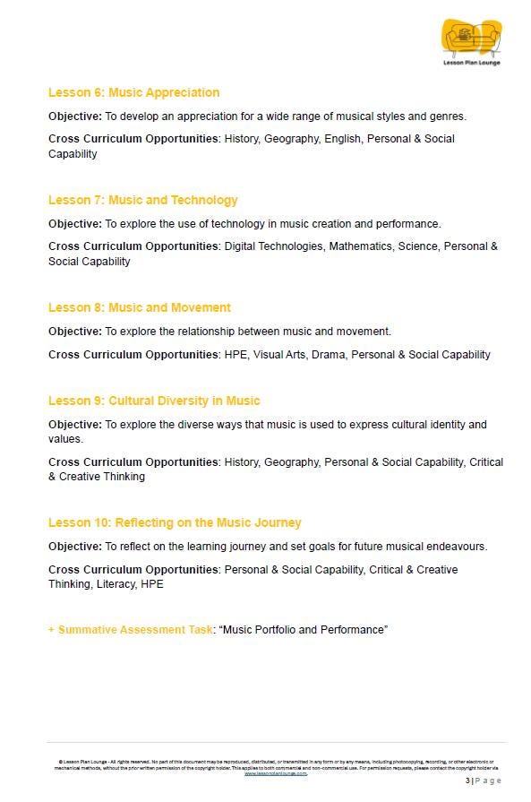 Educational document detailing music lessons with objectives, cross-curricular opportunities, and assessment methods.