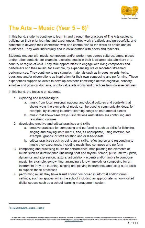 Educational document about Music in Year 5-6 Arts curriculum with a visible logo at the top.