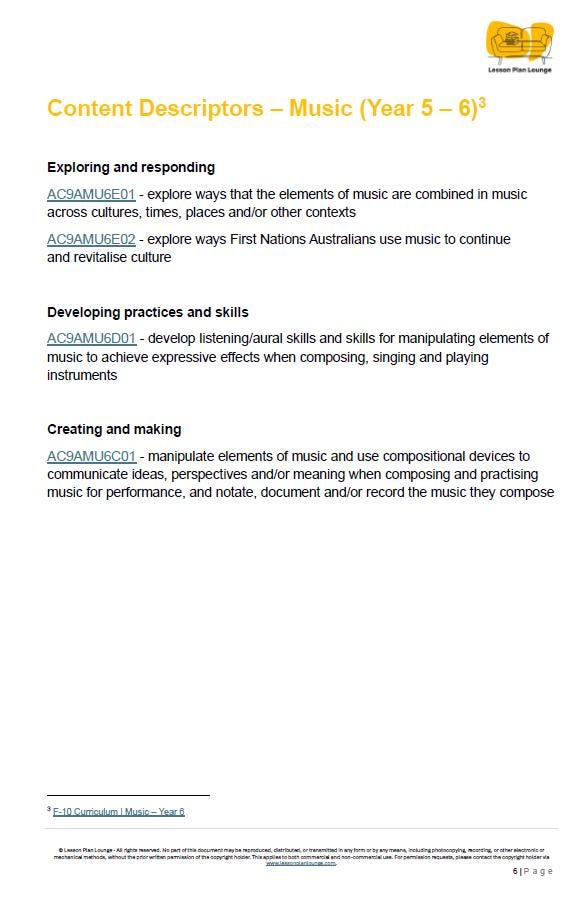 Sheet of paper with text on music content descriptors for Year 5-6, featuring a logo at the top right corner.