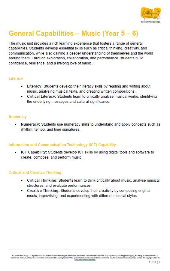 Sheet of paper with text about General Capabilities in Music for Year 5-6 students, featuring a logo at the top right corner.