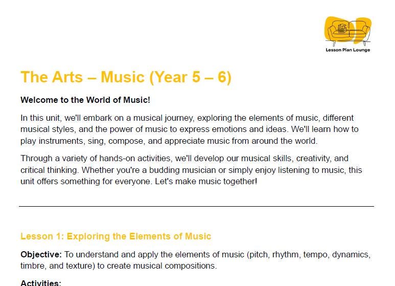 Educational document about music lessons for Year 5-6 students, featuring a logo at the top right corner.