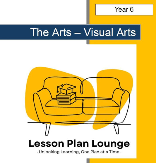 Cover of 'The Arts - Visual Arts Lesson Plan Lounge' for Year 6 with a yellow couch and books illustration.