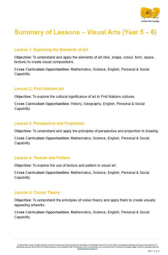 Summary of lessons for Visual Arts in Year 5-6 with elements of art listed.