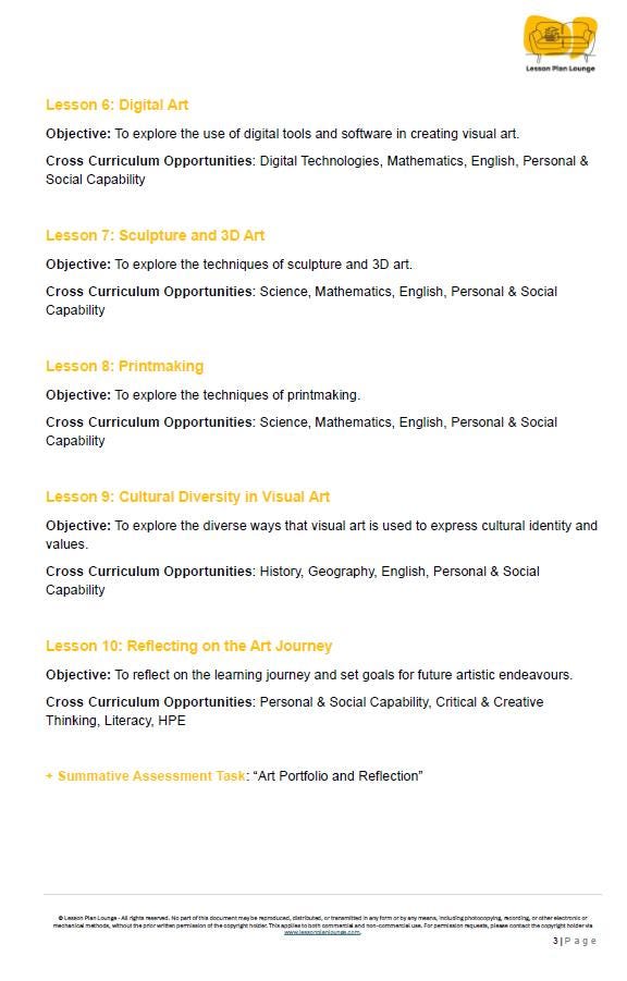 Sheet of paper with text detailing lessons on digital art, sculpture, printmaking, cultural diversity, and reflection.