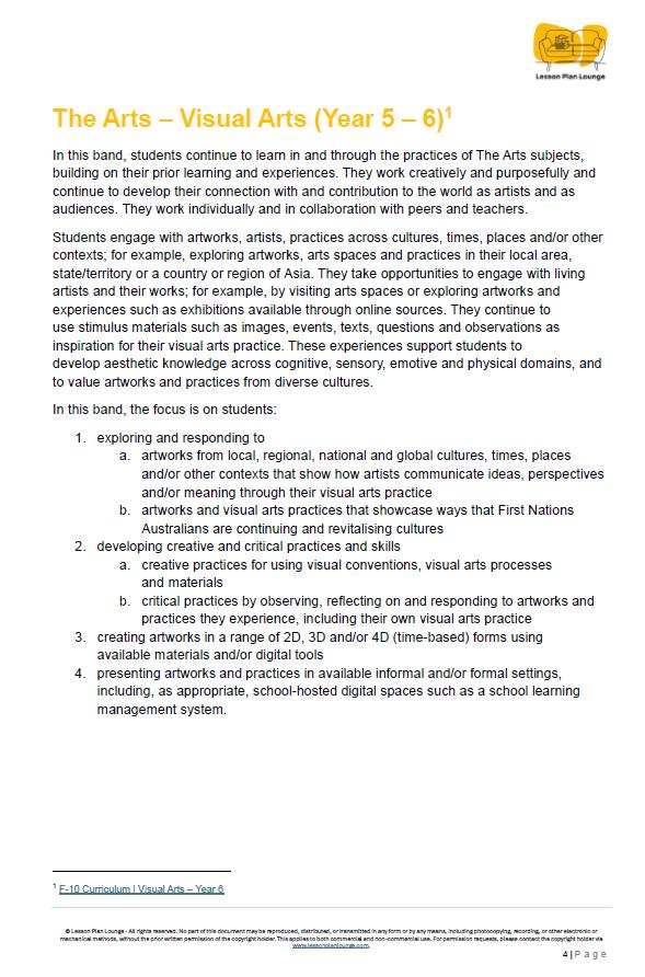 Educational document about Visual Arts for Year 5-6 students, featuring text and a logo on a white background.