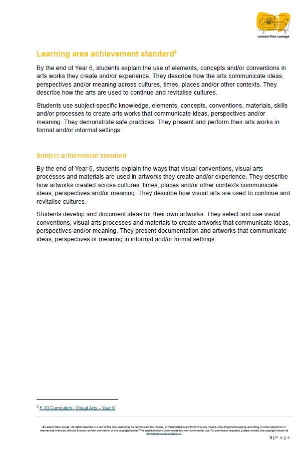 Educational document detailing learning area achievement standards for visual arts in Year 6.