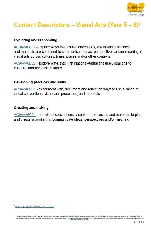 Educational document on content descriptors for Visual Arts in Year 5-6, featuring text and a logo at the top.