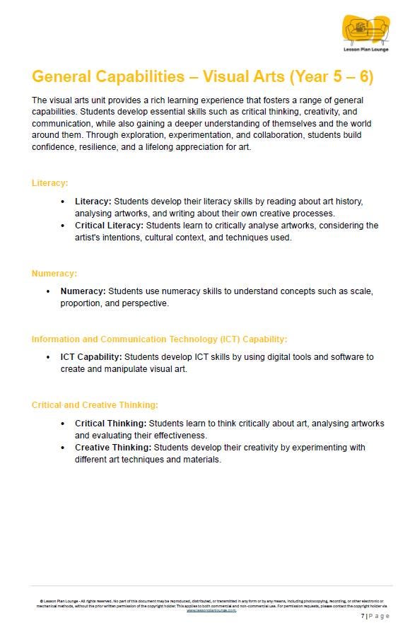 Sheet of paper with text about General Capabilities in Visual Arts for Year 5-6 students, with a logo at the top right corner.
