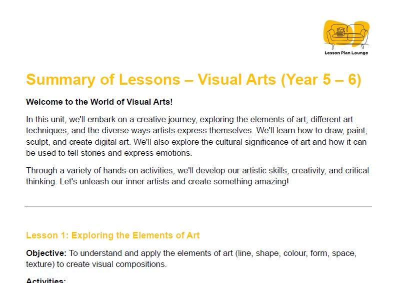 Summary of lessons for Visual Arts in Year 5-6 with a logo at the top right corner.