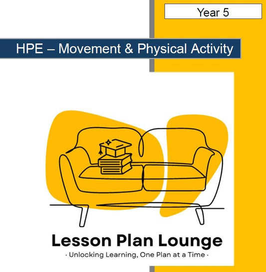 Lesson plan cover for HPE Movement & Physical Activity with a yellow couch and books on a white background.