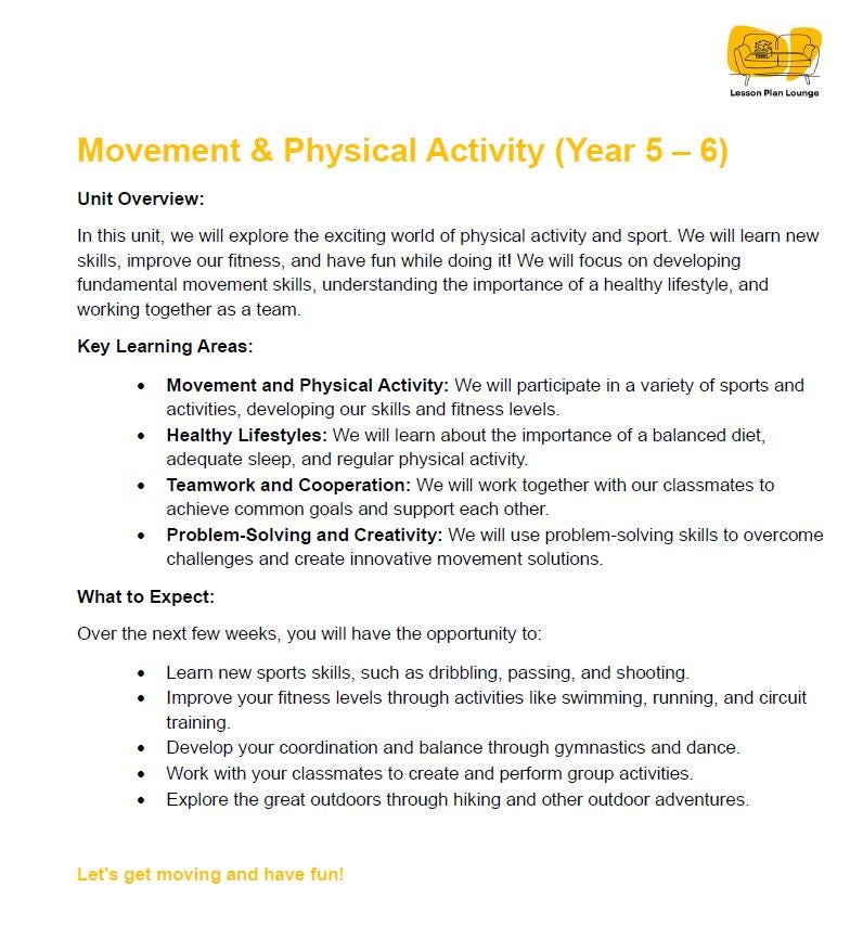 Educational document about Movement & Physical Activity for Year 5-6 students, featuring a logo at the top right corner.