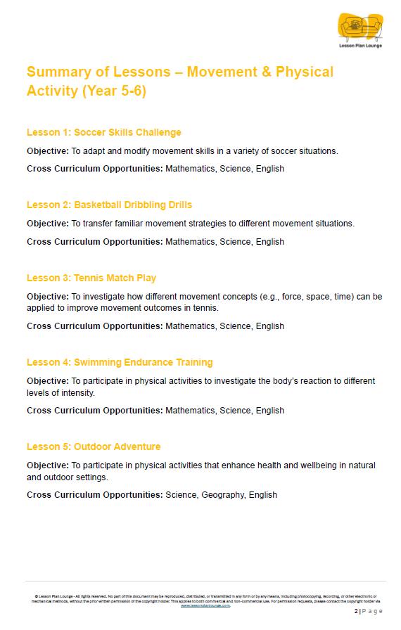 Summary of lessons on movement and physical activity for Year 5-6 students, listing objectives and cross-curricular opportunities.