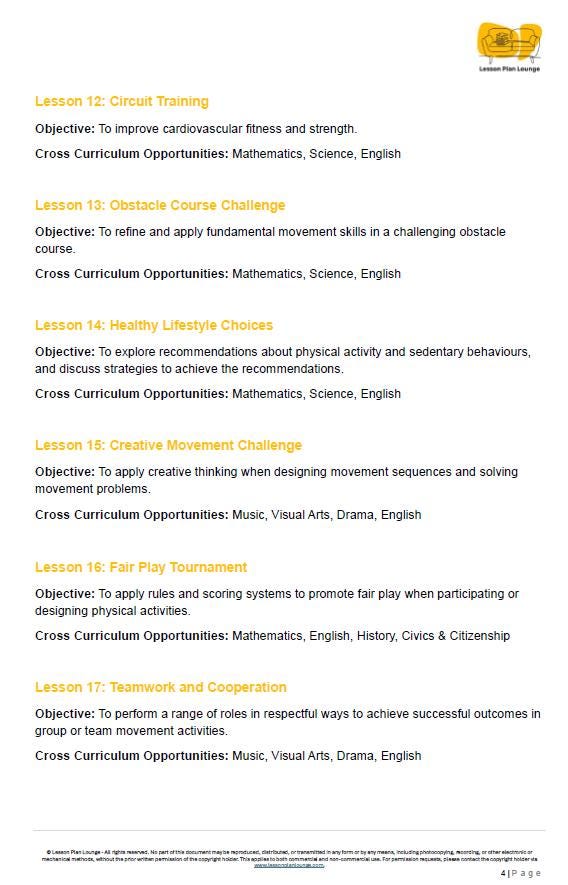 Sheet of paper with text detailing educational lessons and objectives.